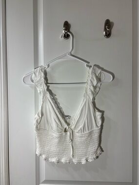 Garage White Ruffle Tie-Front Smocked Crop Top